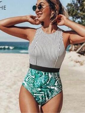 Cupshe Striped High-Neck One-Piece with Green Leaf Print